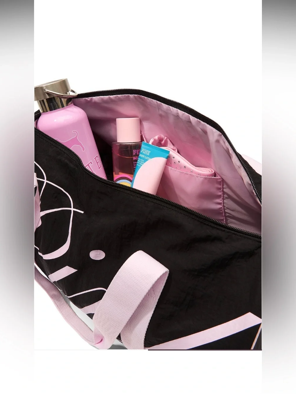 PINK Black and Light Pink Duffle Bag with 'Pink' Script and Blanket